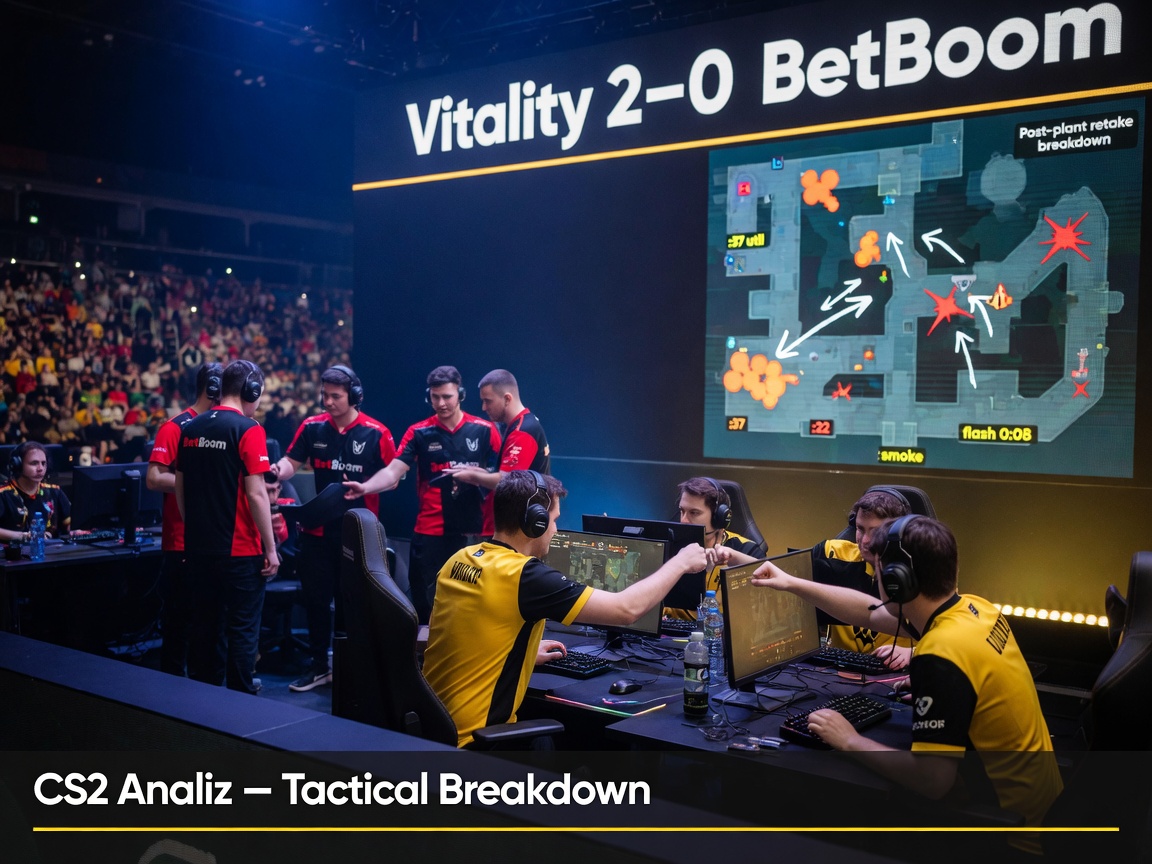 Photorealistic esports stage at IEM Atlanta 2026: Vitality in yellow-black celebrates a 2–0 over